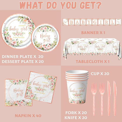 Rose Gold Baby Shower Plates and Napkins Girl Serve 20, Pink Floral Baby Shower Plates Napkins Cups Banner Tablecloth Forks Knives Decorations Party Supplies