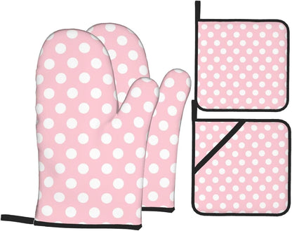 Light Pink Polka Dot Print Oven Mitts and Pot Holders 4 pcs Set, Heat Resistant Silicone Oven Mitts Pot Holders for Kitchen Baking Cooking, Non-Slip Hot Pads Potholders Gloves