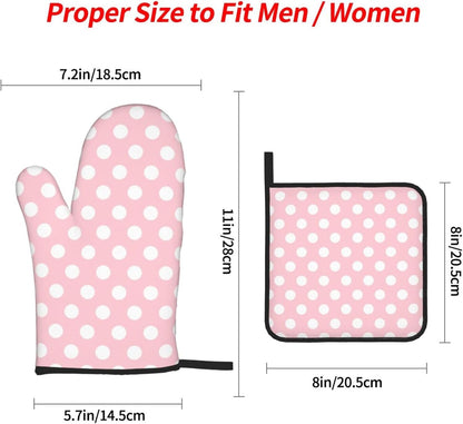 Light Pink Polka Dot Print Oven Mitts and Pot Holders 4 pcs Set, Heat Resistant Silicone Oven Mitts Pot Holders for Kitchen Baking Cooking, Non-Slip Hot Pads Potholders Gloves