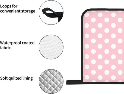 Light Pink Polka Dot Print Oven Mitts and Pot Holders 4 pcs Set, Heat Resistant Silicone Oven Mitts Pot Holders for Kitchen Baking Cooking, Non-Slip Hot Pads Potholders Gloves