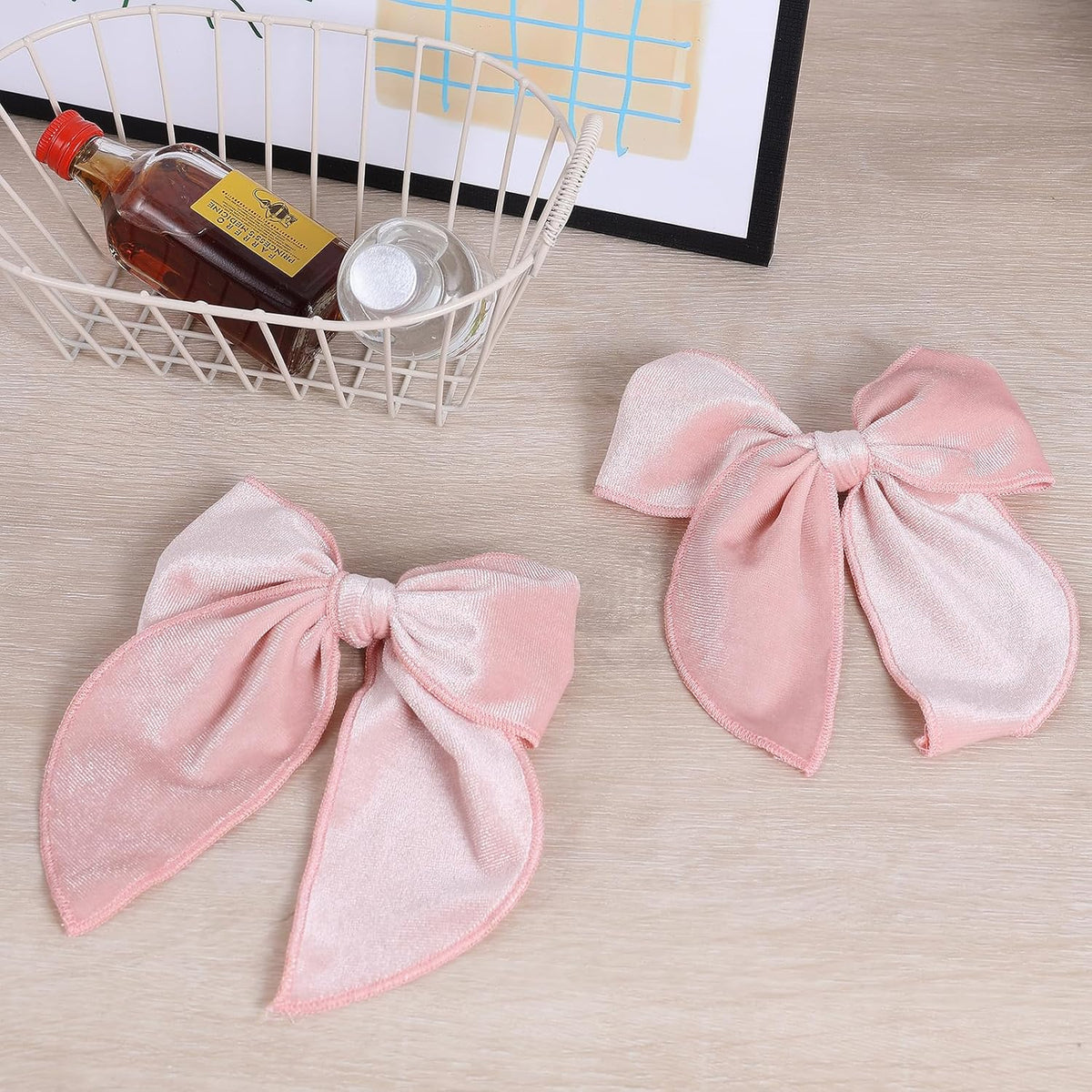 Light Pink Velvet Ribbon Linen Hair Bow Clips 5" Large Velvet Fable Bow Alligator Barrettes Hairpins for Toddler Teens Baby Girls Kids Ponytail Knot Bows Hair Accessory Valentines Gift