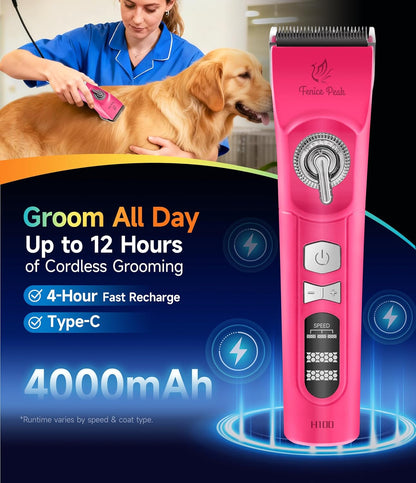 Professional Cordless Dog Grooming Clippers, 12-Hour Runtime, Replaceable 440C Stainless Steel Blade, 3-Speed Quiet Electric Pet Hair Trimmer for Thick, Curly & Matted Coats, Groomer & Home Use, Pink