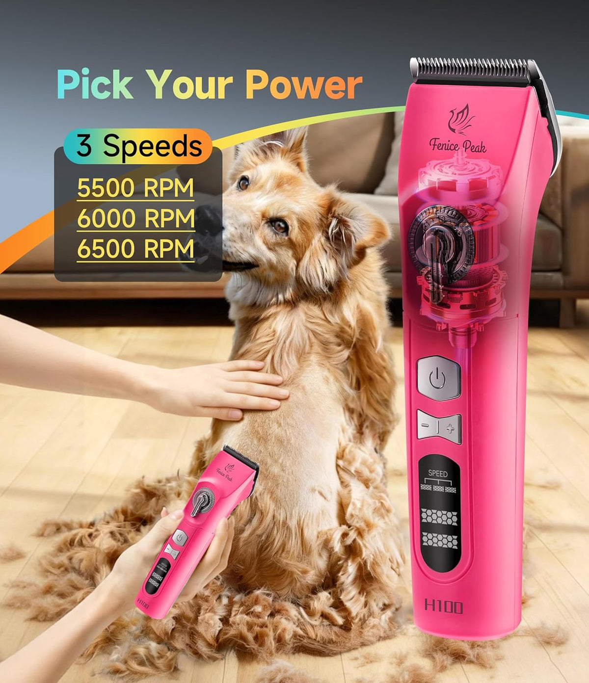 Professional Cordless Dog Grooming Clippers, 12-Hour Runtime, Replaceable 440C Stainless Steel Blade, 3-Speed Quiet Electric Pet Hair Trimmer for Thick, Curly & Matted Coats, Groomer & Home Use, Pink