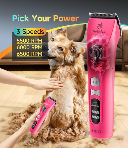 Professional Cordless Dog Grooming Clippers, 12-Hour Runtime, Replaceable 440C Stainless Steel Blade, 3-Speed Quiet Electric Pet Hair Trimmer for Thick, Curly & Matted Coats, Groomer & Home Use, Pink