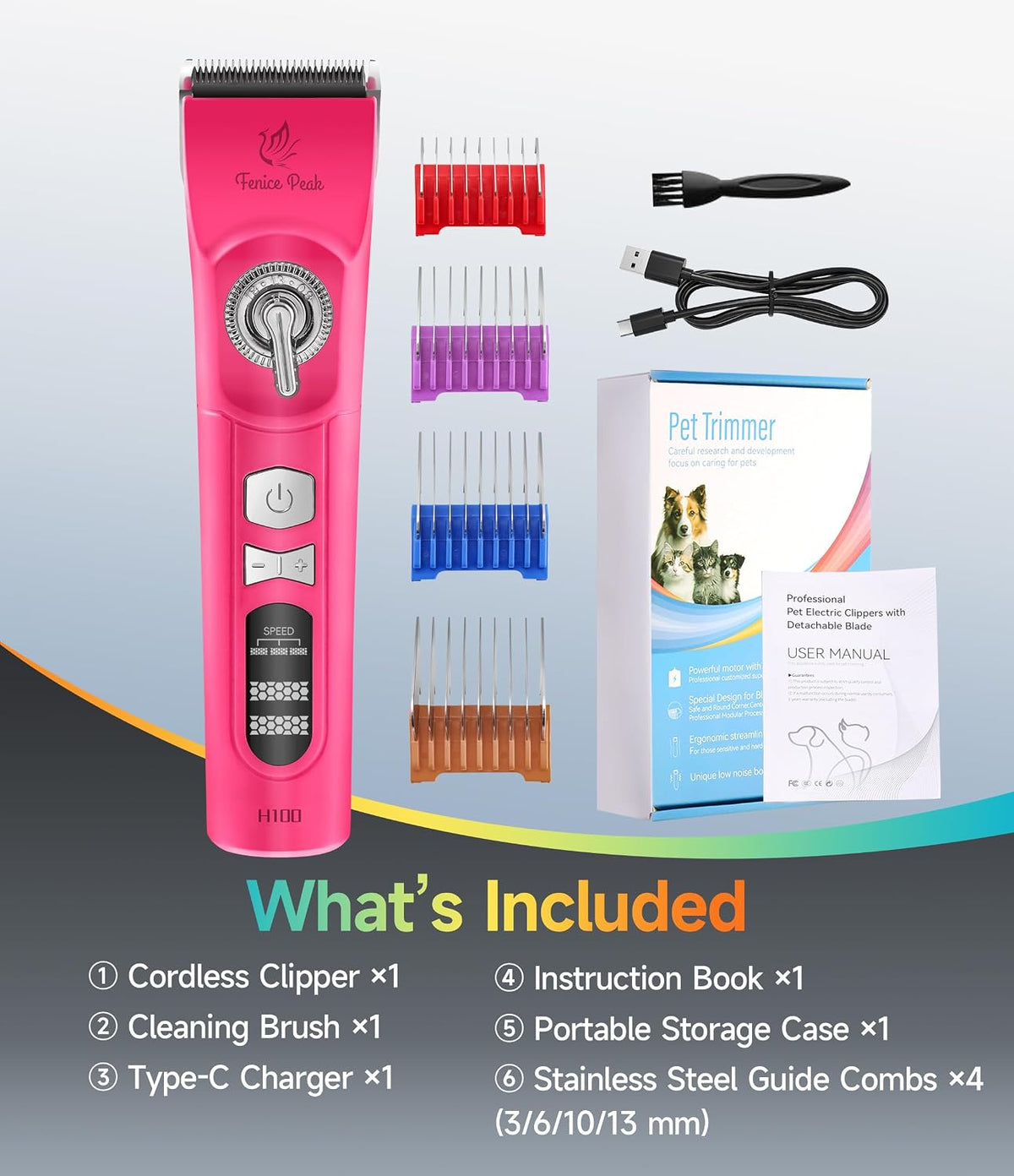 Professional Cordless Dog Grooming Clippers, 12-Hour Runtime, Replaceable 440C Stainless Steel Blade, 3-Speed Quiet Electric Pet Hair Trimmer for Thick, Curly & Matted Coats, Groomer & Home Use, Pink