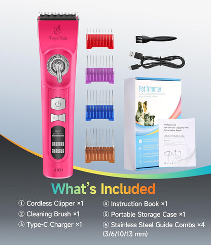 Professional Cordless Dog Grooming Clippers, 12-Hour Runtime, Replaceable 440C Stainless Steel Blade, 3-Speed Quiet Electric Pet Hair Trimmer for Thick, Curly & Matted Coats, Groomer & Home Use, Pink