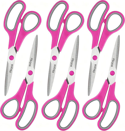 Pink Scissors Pack, Rkqoa 8" All Purpose Sharp Scissors for Everyday Use | Comfort-Grip Scissor for Office School Classroom Craft Sewing Art Supplies, High/Middle Student Teacher, Right/Left Handle