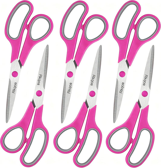 Pink Scissors Pack, Rkqoa 8" All Purpose Sharp Scissors for Everyday Use | Comfort-Grip Scissor for Office School Classroom Craft Sewing Art Supplies, High/Middle Student Teacher, Right/Left Handle