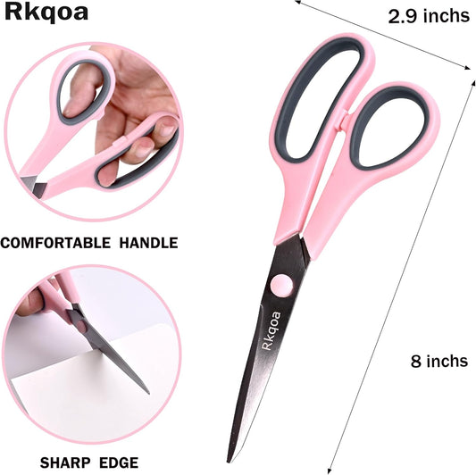 Pink Scissors Pack, Rkqoa 8" All Purpose Sharp Scissors for Everyday Use | Comfort-Grip Scissor for Office School Classroom Craft Sewing Art Supplies, High/Middle Student Teacher, Right/Left Handle