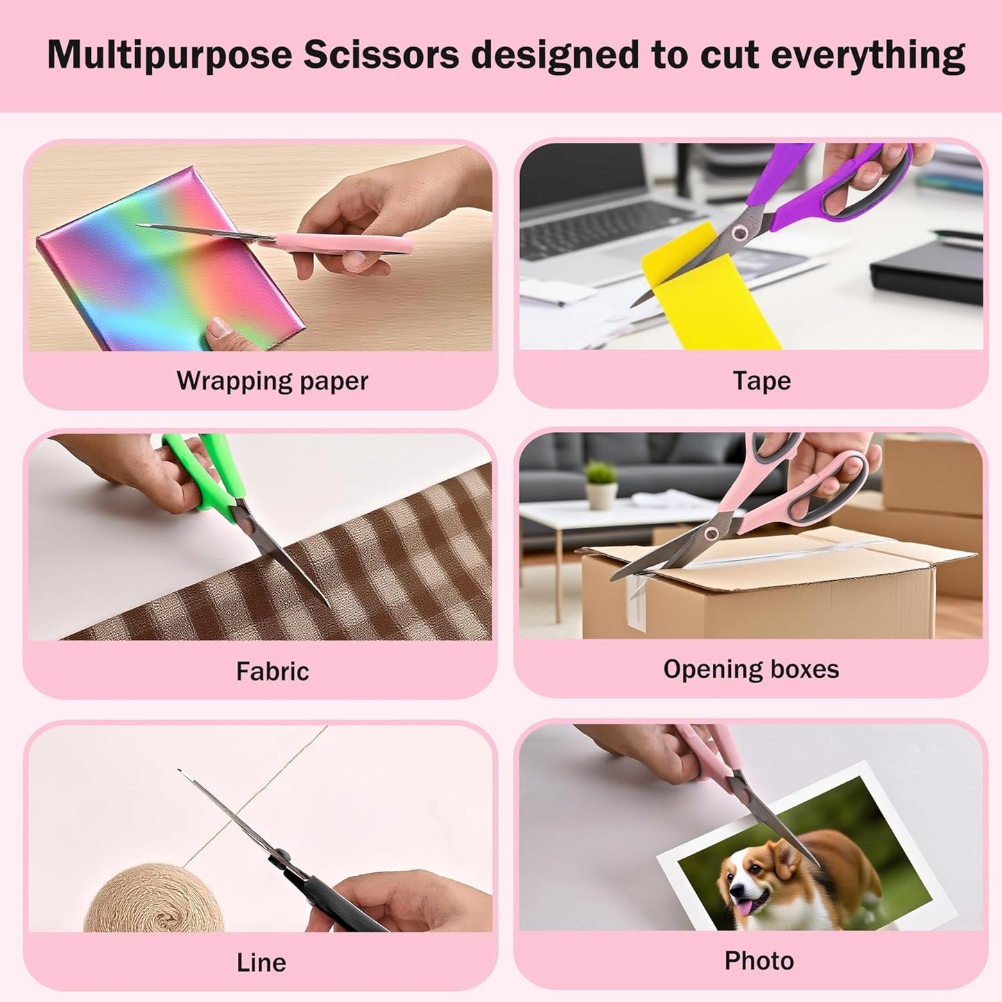 Pink Scissors Pack, Rkqoa 8" All Purpose Sharp Scissors for Everyday Use | Comfort-Grip Scissor for Office School Classroom Craft Sewing Art Supplies, High/Middle Student Teacher, Right/Left Handle