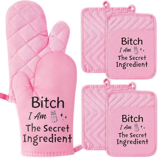 6Pcs Funny Oven Mitts Pot Holders Baking Gift, I Am The Secret Ingredient Resistant Hot Pad Machine Washable Gloves with Hanging Pocket Potholder for Friend Women Gift for Love Kitchen Cooking