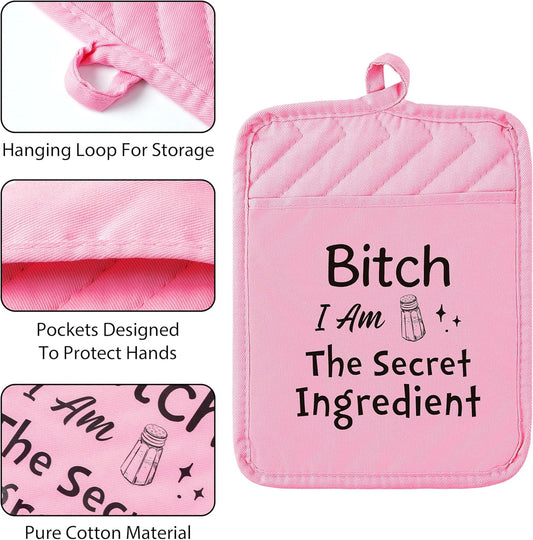 6Pcs Funny Oven Mitts Pot Holders Baking Gift, I Am The Secret Ingredient Resistant Hot Pad Machine Washable Gloves with Hanging Pocket Potholder for Friend Women Gift for Love Kitchen Cooking
