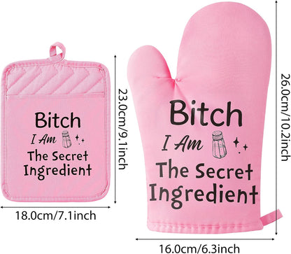 6Pcs Funny Oven Mitts Pot Holders Baking Gift, I Am The Secret Ingredient Resistant Hot Pad Machine Washable Gloves with Hanging Pocket Potholder for Friend Women Gift for Love Kitchen Cooking
