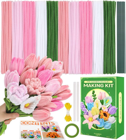 Pink Pipe Cleaners for Crafts (400pcs with Instruction), Flower Making Kit, Chenille Stems for DIY Projecets, Arts & Crafts Supplies for Festival Party Decorations