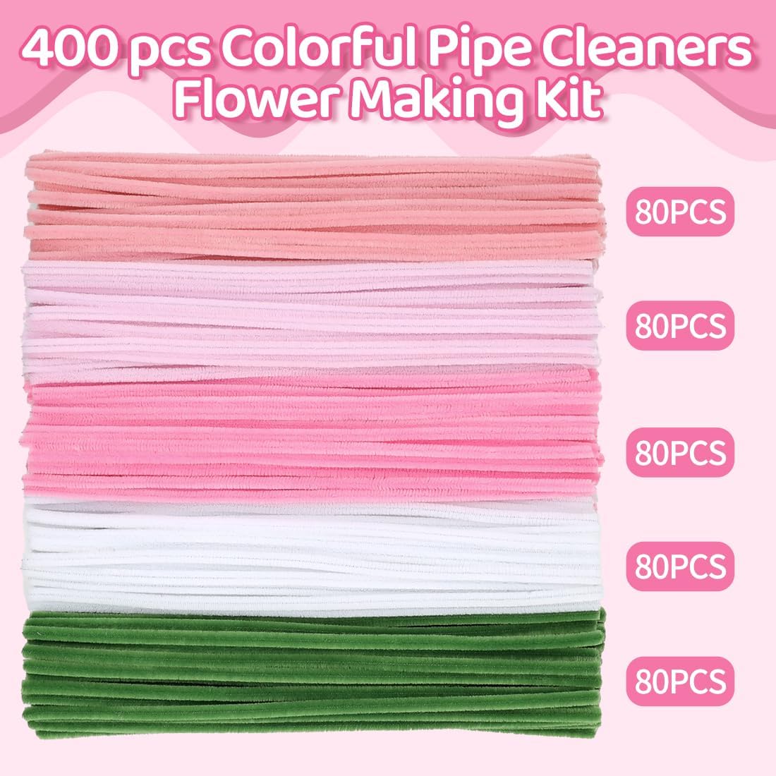 Pink Pipe Cleaners for Crafts (400pcs with Instruction), Flower Making Kit, Chenille Stems for DIY Projecets, Arts & Crafts Supplies for Festival Party Decorations