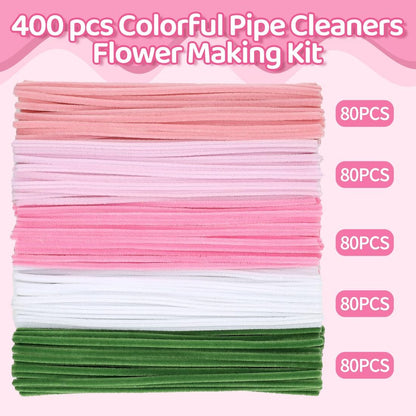 Pink Pipe Cleaners for Crafts (400pcs with Instruction), Flower Making Kit, Chenille Stems for DIY Projecets, Arts & Crafts Supplies for Festival Party Decorations
