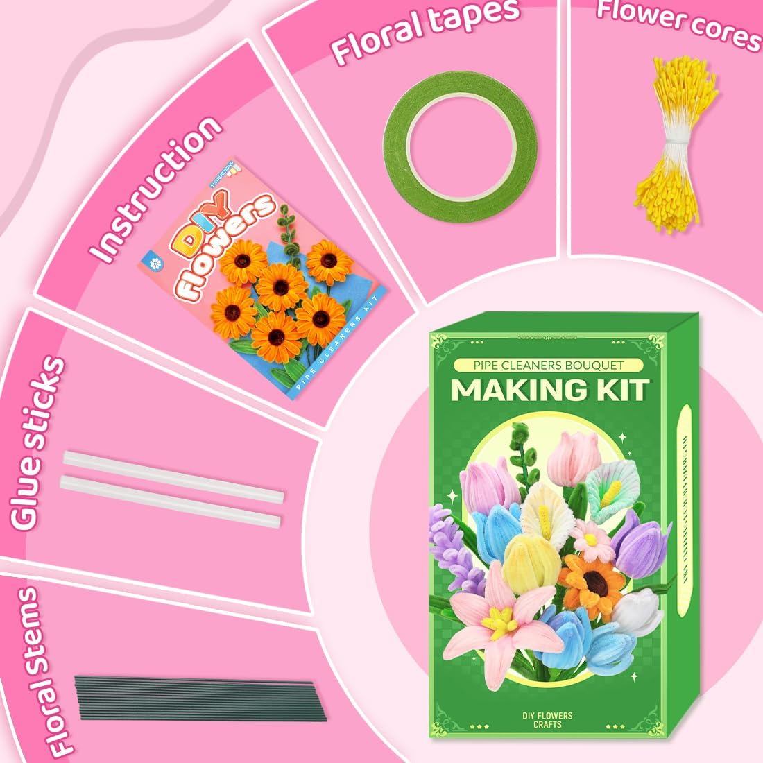 Pink Pipe Cleaners for Crafts (400pcs with Instruction), Flower Making Kit, Chenille Stems for DIY Projecets, Arts & Crafts Supplies for Festival Party Decorations