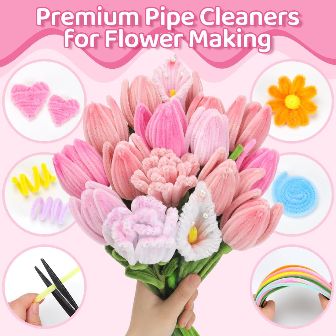 Pink Pipe Cleaners for Crafts (400pcs with Instruction), Flower Making Kit, Chenille Stems for DIY Projecets, Arts & Crafts Supplies for Festival Party Decorations