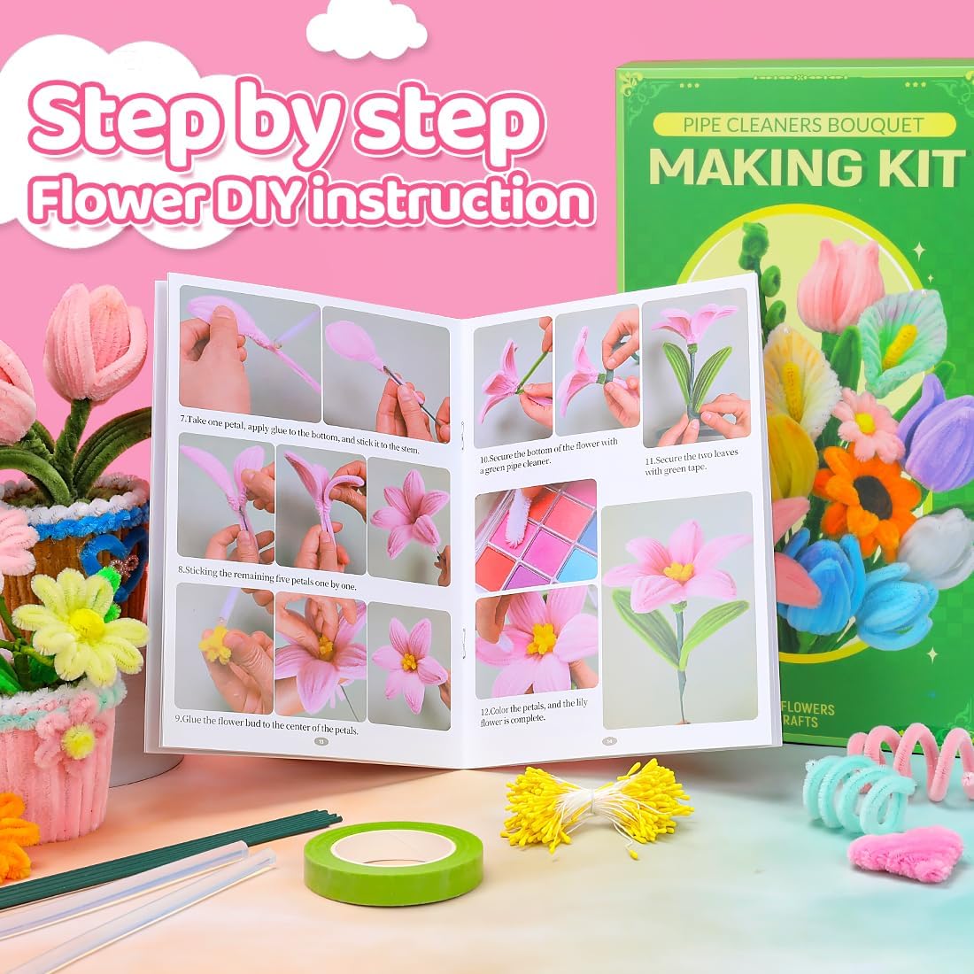 Pink Pipe Cleaners for Crafts (400pcs with Instruction), Flower Making Kit, Chenille Stems for DIY Projecets, Arts & Crafts Supplies for Festival Party Decorations