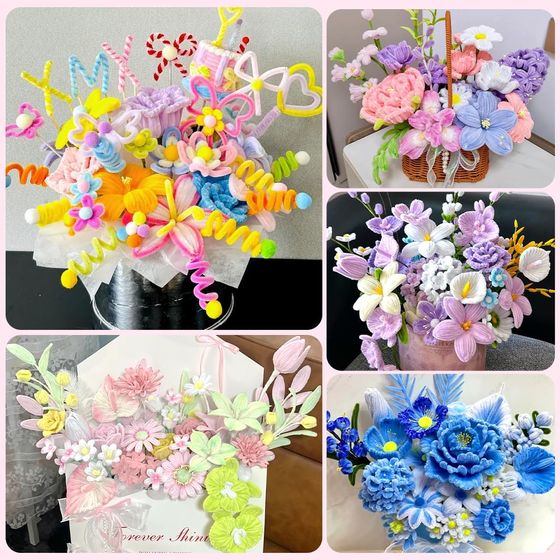 Pink Pipe Cleaners for Crafts (400pcs with Instruction), Flower Making Kit, Chenille Stems for DIY Projecets, Arts & Crafts Supplies for Festival Party Decorations