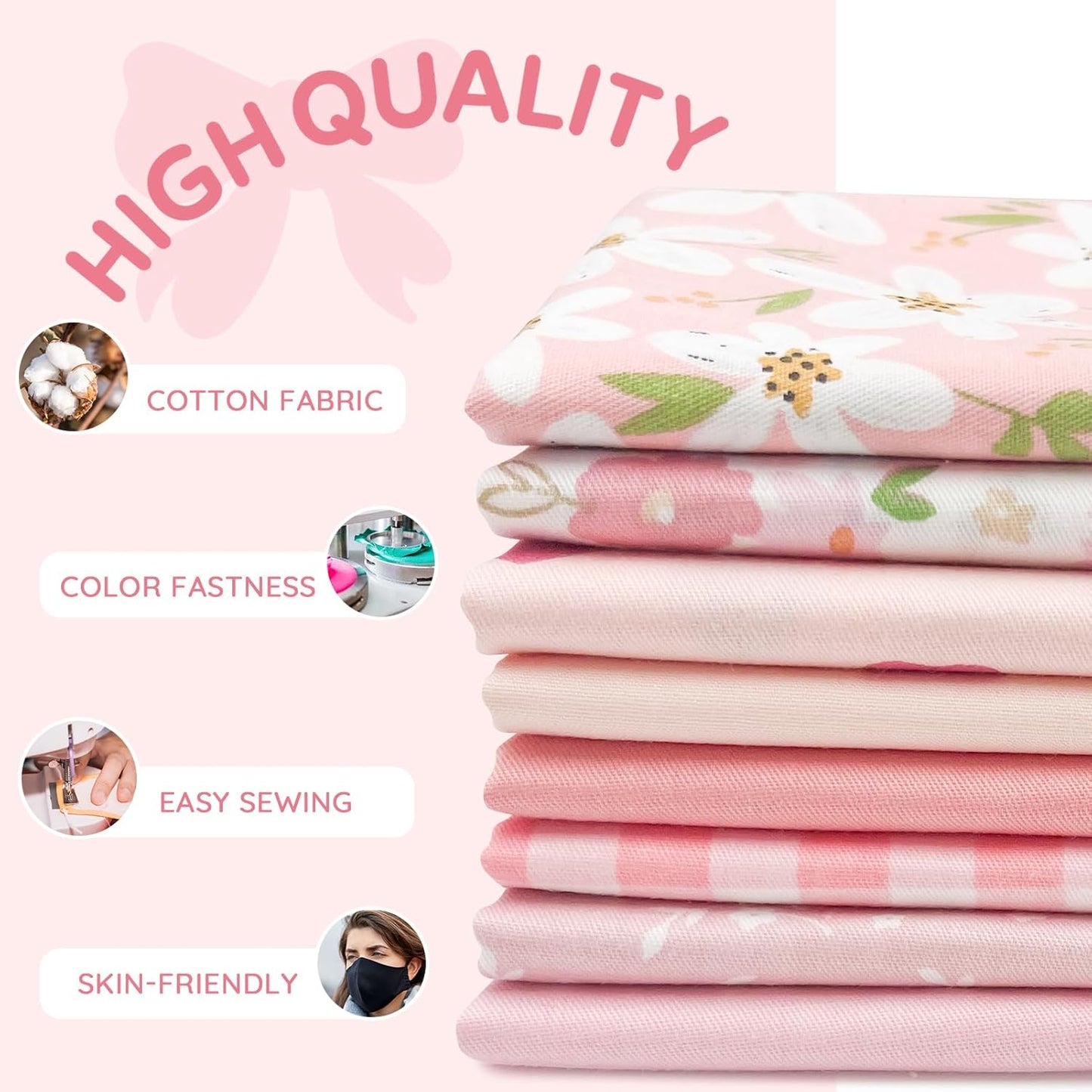 8pcs Fat Quarter Fabric Bundles (100% Cotton - 20'' x 20'') Quilting Cotton Craft Fabric Pre-Cut Squares Sheets for Patchwork Sewing Quilting Crafting(Sweet Pink)