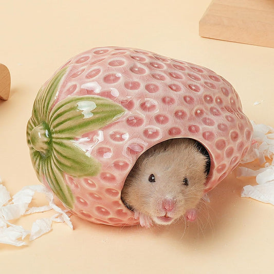 Ceramic Hamster Hideout,Pink Strawberry Hamster Cool Habitat Decor.