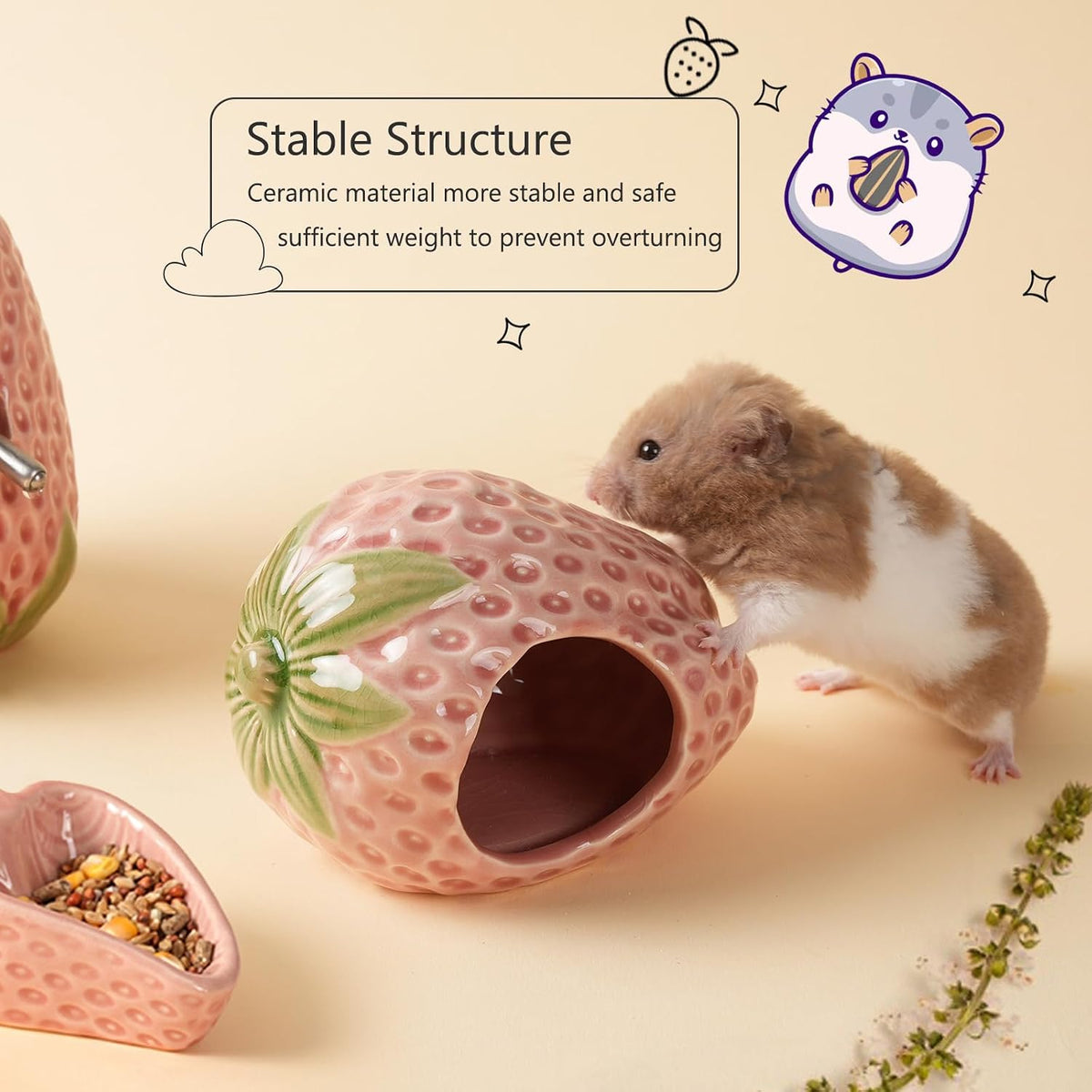 Ceramic Hamster Hideout,Pink Strawberry Hamster Cool Habitat Decor.
