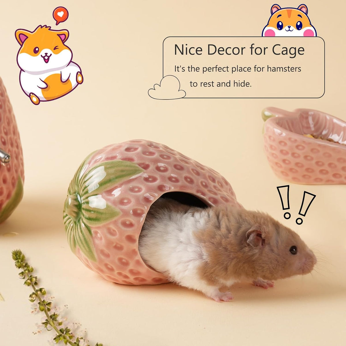 Ceramic Hamster Hideout,Pink Strawberry Hamster Cool Habitat Decor.
