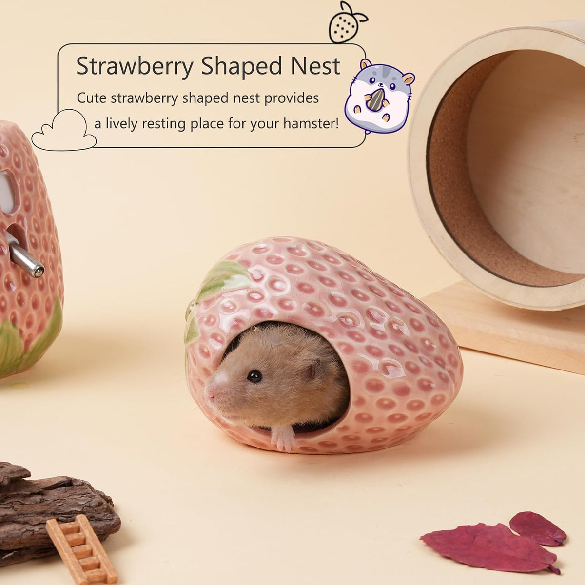 Ceramic Hamster Hideout,Pink Strawberry Hamster Cool Habitat Decor.