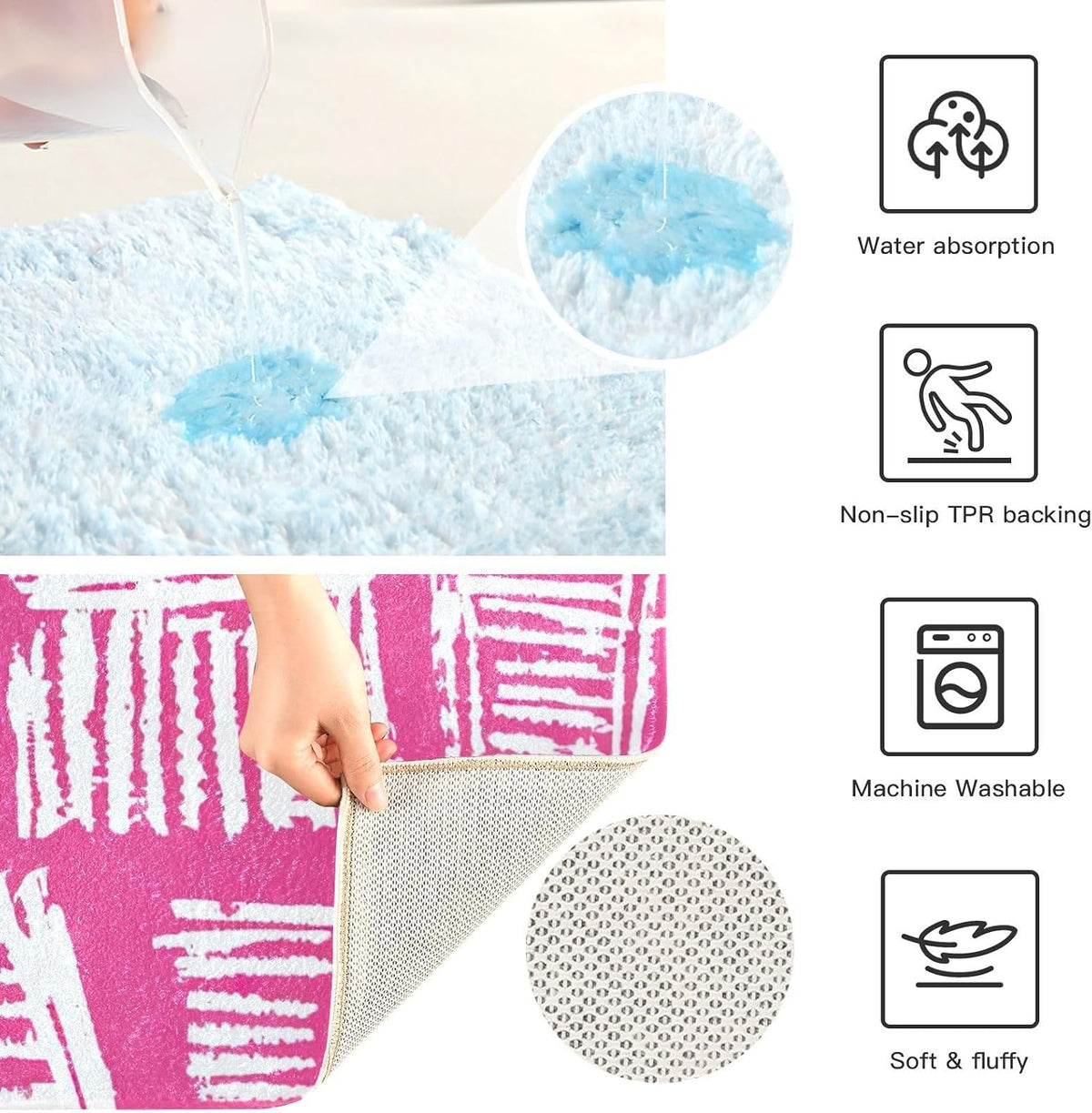 Abstract Pink Stripe Absorbent Bathroom Rug, 24''x16'' Extra Soft Thick Plush Bath Mat, Non-Slip Shaggy Bath Rug for Tub, Shower and Bath, Machine Washable