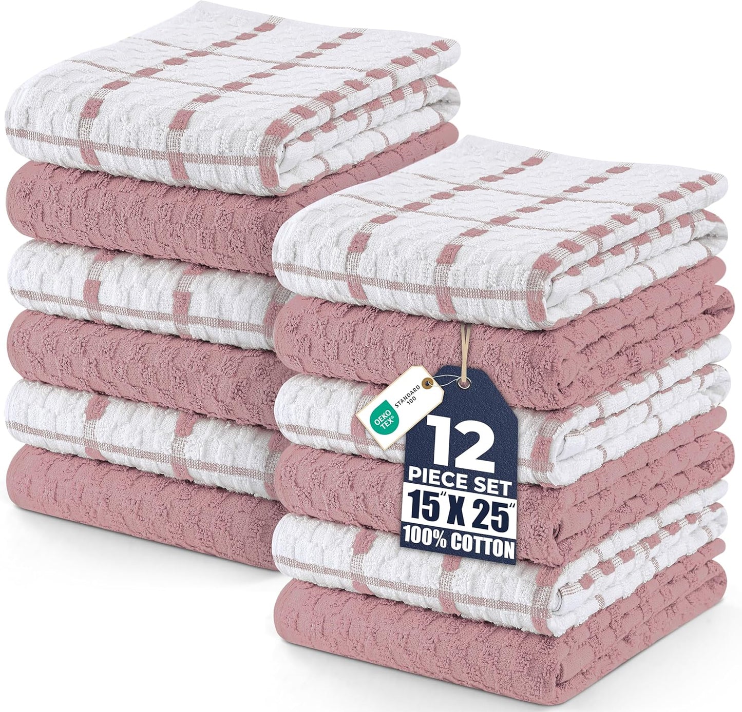 Kitchen Towels 12 Pack, 15 x 25 Inches, 100% Ring Spun Cotton Super Soft and Absorbent Linen Dish, Tea and Bar Towels Set, Dusty Pink