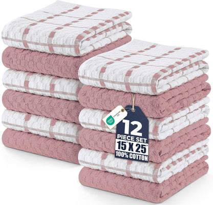 Kitchen Towels 12 Pack, 15 x 25 Inches, 100% Ring Spun Cotton Super Soft and Absorbent Linen Dish, Tea and Bar Towels Set, Dusty Pink