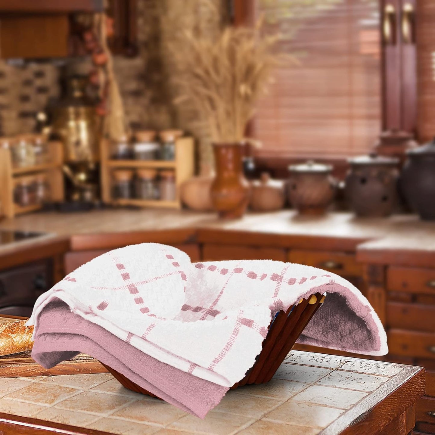 Kitchen Towels 12 Pack, 15 x 25 Inches, 100% Ring Spun Cotton Super Soft and Absorbent Linen Dish, Tea and Bar Towels Set, Dusty Pink