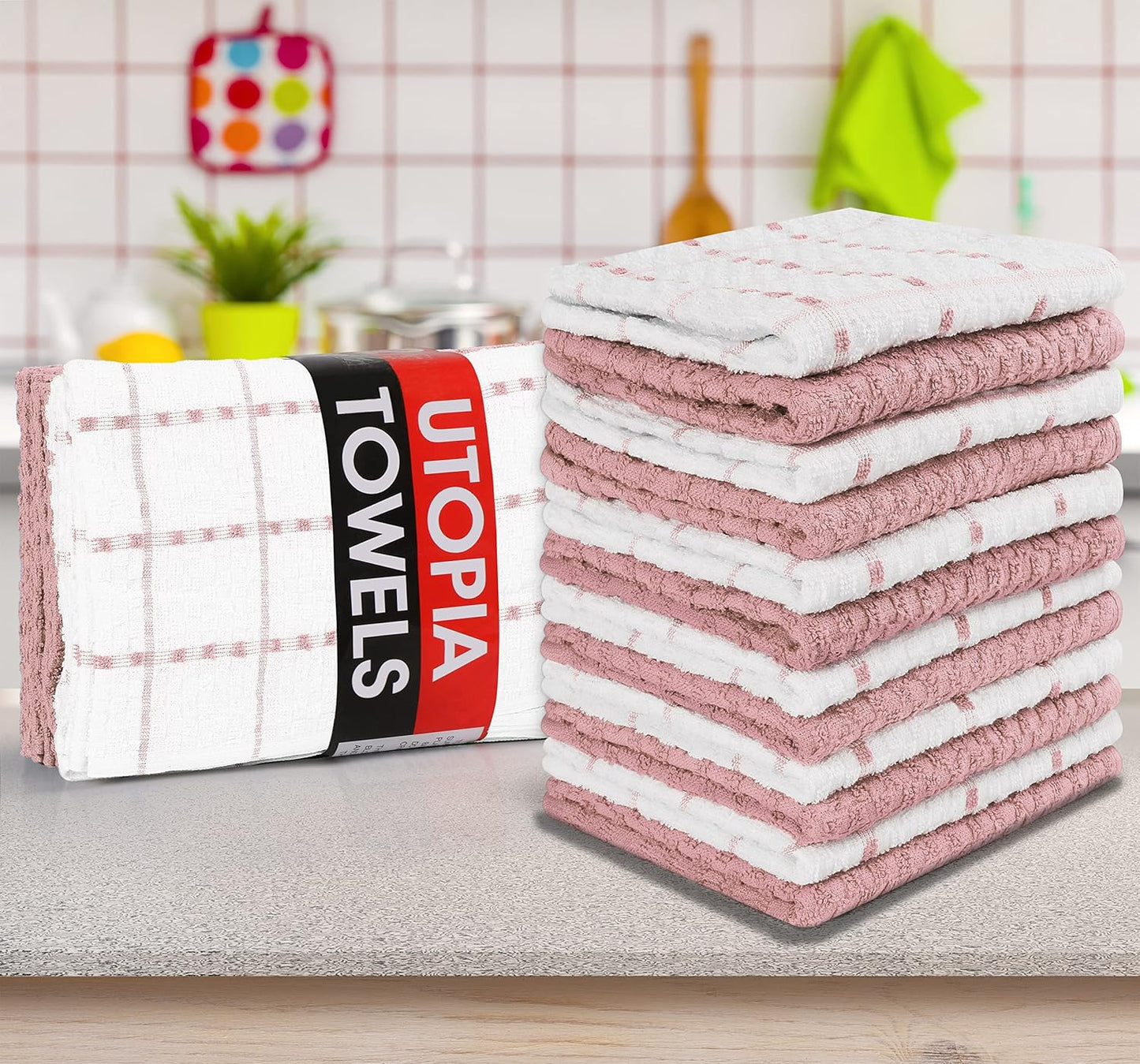 Kitchen Towels 12 Pack, 15 x 25 Inches, 100% Ring Spun Cotton Super Soft and Absorbent Linen Dish, Tea and Bar Towels Set, Dusty Pink