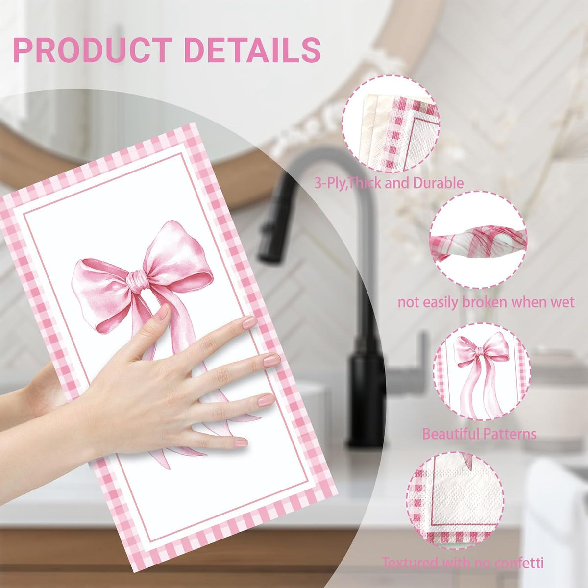100 PCS Pink Bow Napkin Disposable, Pink Paper Napkins, 3 Ply Decorative Bow Paper Napkins Home Party Guest Bathroom Napkin Summer Bridal Shower Wedding, Decorative Napkins