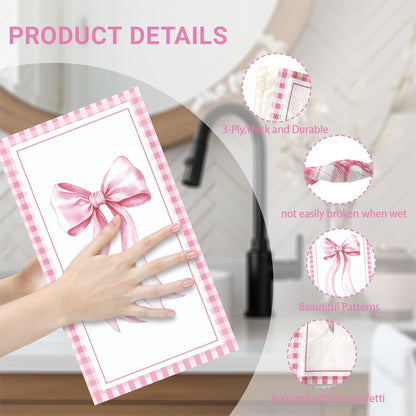 100 PCS Pink Bow Napkin Disposable, Pink Paper Napkins, 3 Ply Decorative Bow Paper Napkins Home Party Guest Bathroom Napkin Summer Bridal Shower Wedding, Decorative Napkins