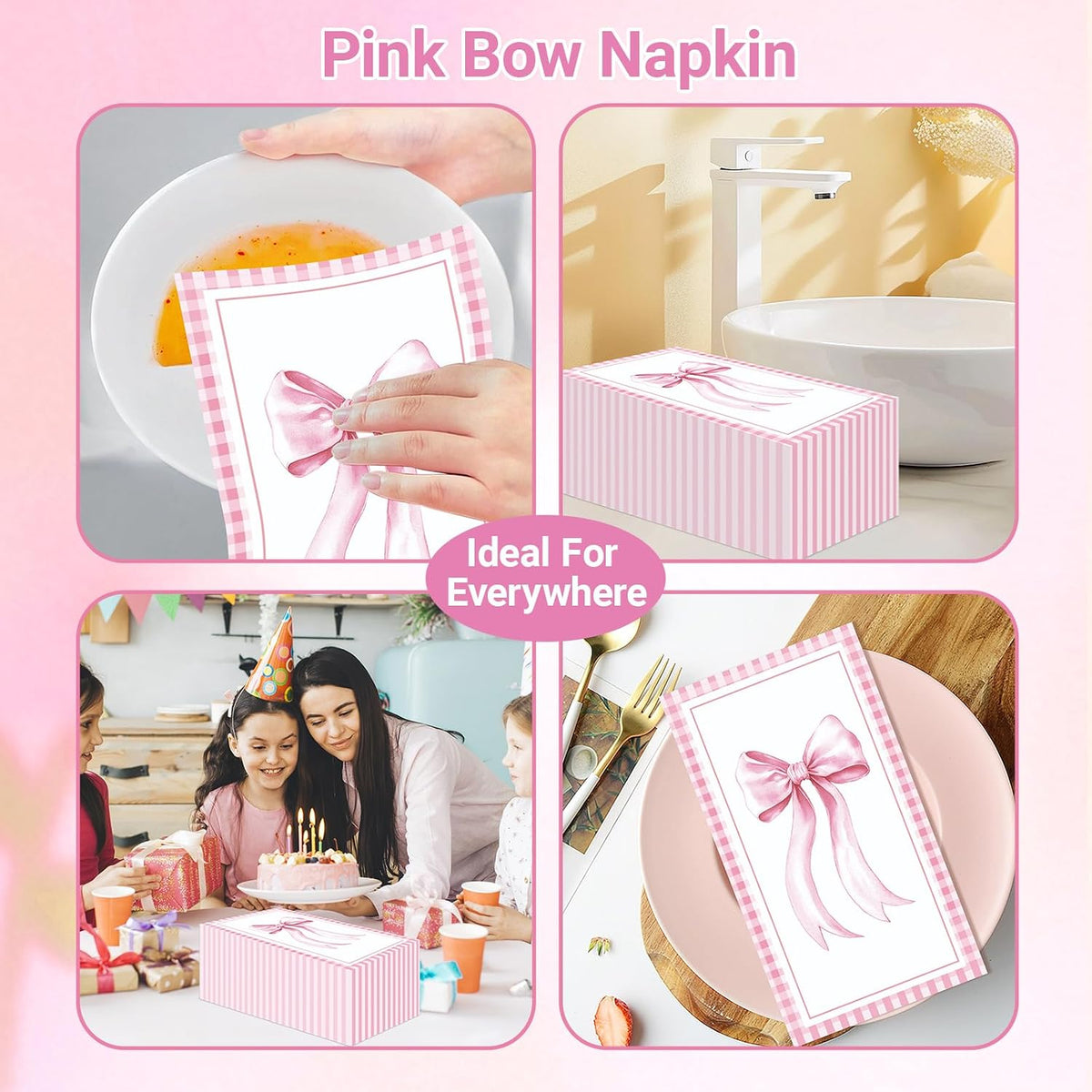 100 PCS Pink Bow Napkin Disposable, Pink Paper Napkins, 3 Ply Decorative Bow Paper Napkins Home Party Guest Bathroom Napkin Summer Bridal Shower Wedding, Decorative Napkins