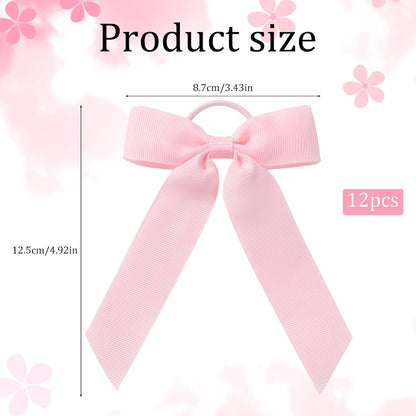 12pcs Collegiate Style Ponytail Holder Hair Bows, Ribbon Bows Cheer Bows Scrunchies Hair Bow Bands Hair Ropes Hair Ties for Women Girls Cheerleading Toddler Sports Hair Accessories Decoration (Pink)