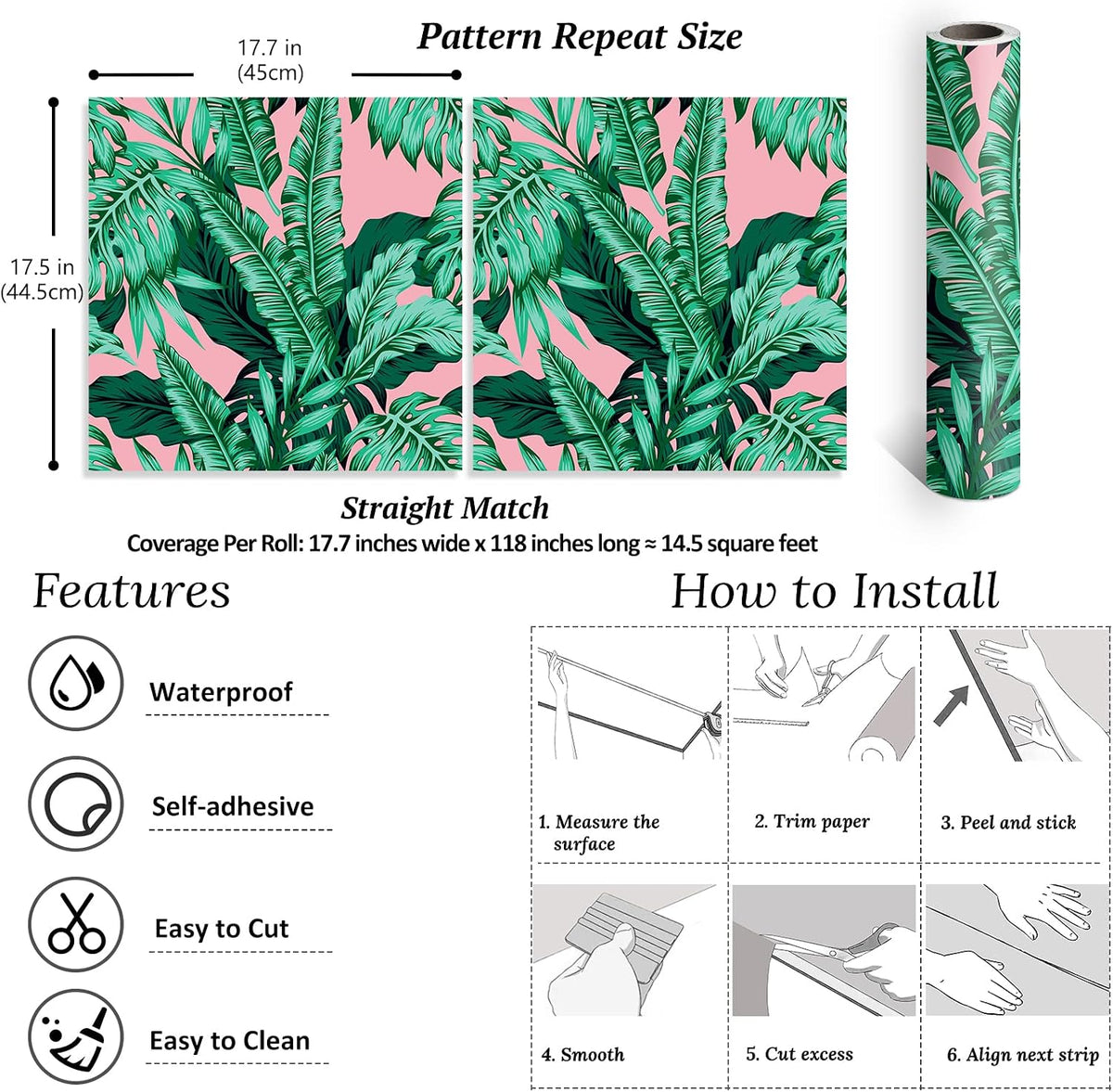 17.7''x118'' Pink Tropical Wallpaper Peel and Stick Exotic Palm Leaves Wallpaper Mural Self Adhesive Pink Contact Paper Decorative Removable Wall Paper for Bedroom Bathroom Accent Walls Decor
