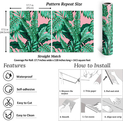 17.7''x118'' Pink Tropical Wallpaper Peel and Stick Exotic Palm Leaves Wallpaper Mural Self Adhesive Pink Contact Paper Decorative Removable Wall Paper for Bedroom Bathroom Accent Walls Decor
