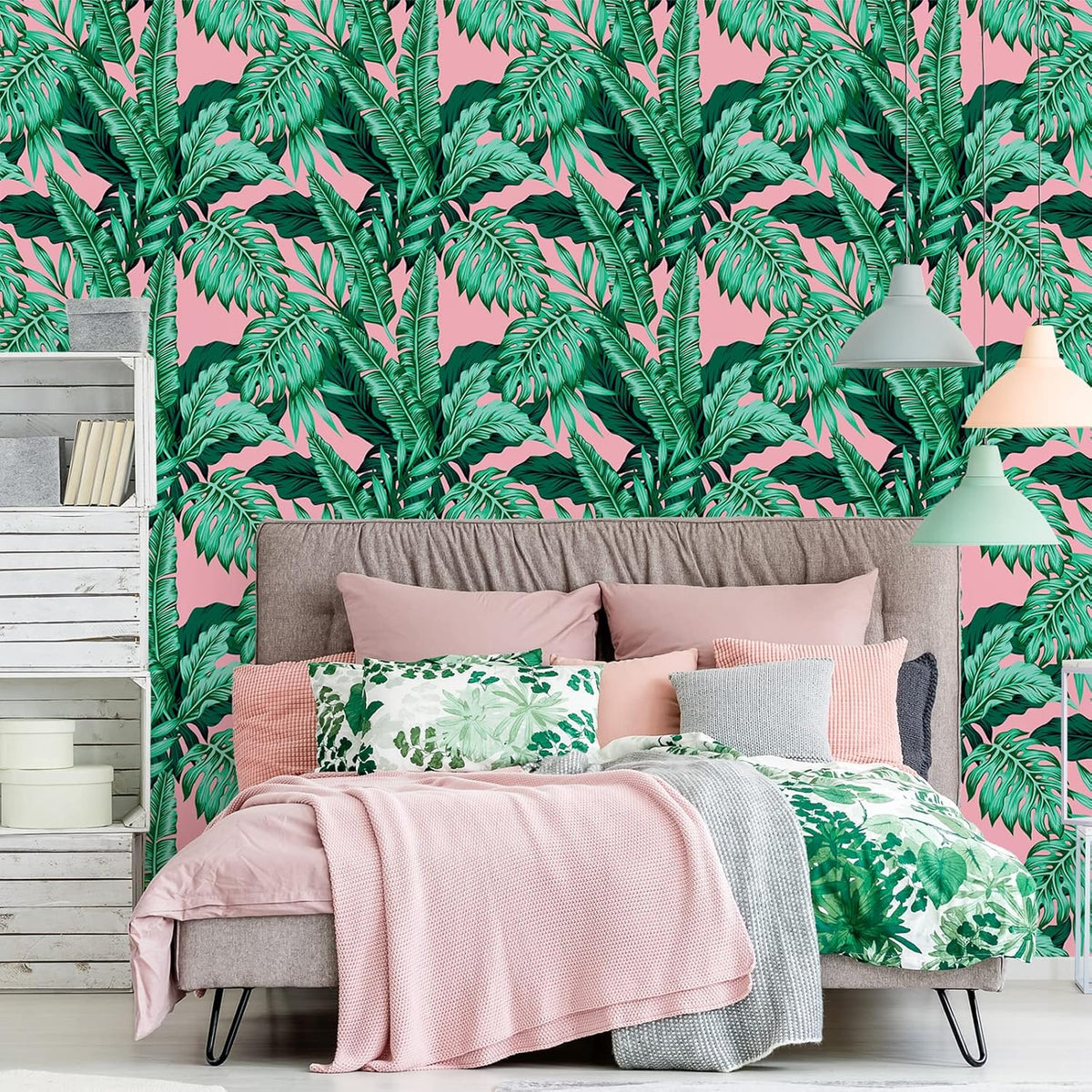 17.7''x118'' Pink Tropical Wallpaper Peel and Stick Exotic Palm Leaves Wallpaper Mural Self Adhesive Pink Contact Paper Decorative Removable Wall Paper for Bedroom Bathroom Accent Walls Decor