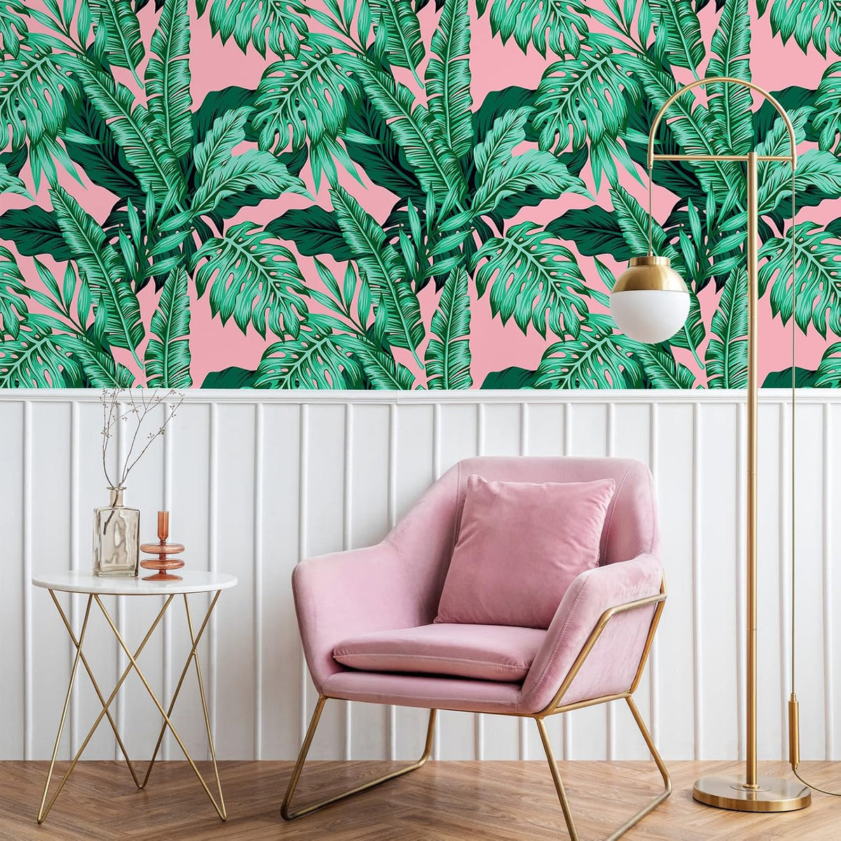 17.7''x118'' Pink Tropical Wallpaper Peel and Stick Exotic Palm Leaves Wallpaper Mural Self Adhesive Pink Contact Paper Decorative Removable Wall Paper for Bedroom Bathroom Accent Walls Decor