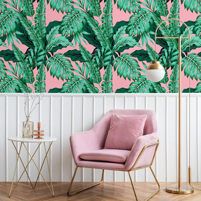 17.7''x118'' Pink Tropical Wallpaper Peel and Stick Exotic Palm Leaves Wallpaper Mural Self Adhesive Pink Contact Paper Decorative Removable Wall Paper for Bedroom Bathroom Accent Walls Decor