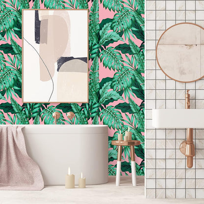 17.7''x118'' Pink Tropical Wallpaper Peel and Stick Exotic Palm Leaves Wallpaper Mural Self Adhesive Pink Contact Paper Decorative Removable Wall Paper for Bedroom Bathroom Accent Walls Decor