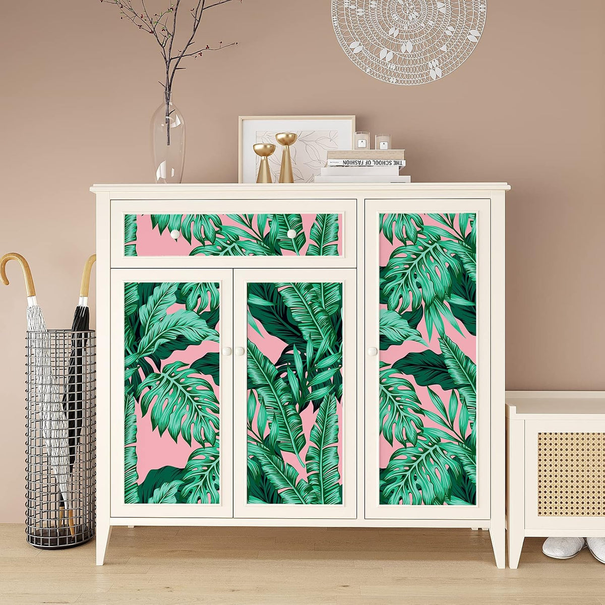 17.7''x118'' Pink Tropical Wallpaper Peel and Stick Exotic Palm Leaves Wallpaper Mural Self Adhesive Pink Contact Paper Decorative Removable Wall Paper for Bedroom Bathroom Accent Walls Decor
