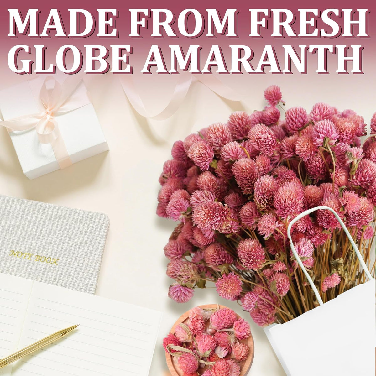 100Pcs+ Pink Dried Globe Amaranth Flowers, Natural Gomphrena Home Decor