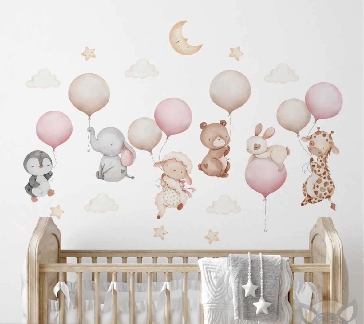 Pink Balloons with Baby Animals Wall Decal - Cute Baby Animal Wall Sticker for Nursery - Pink Nursery Decor with Sheep Elephant Bear Cat Giraffe - Removable Kids Room Vinyl Art Mural (Blue, Set2)