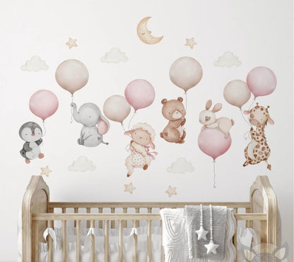 Pink Balloons with Baby Animals Wall Decal - Cute Baby Animal Wall Sticker for Nursery - Pink Nursery Decor with Sheep Elephant Bear Cat Giraffe - Removable Kids Room Vinyl Art Mural (Blue, Set2)