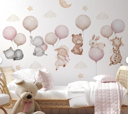 Pink Balloons with Baby Animals Wall Decal - Cute Baby Animal Wall Sticker for Nursery - Pink Nursery Decor with Sheep Elephant Bear Cat Giraffe - Removable Kids Room Vinyl Art Mural (Blue, Set2)