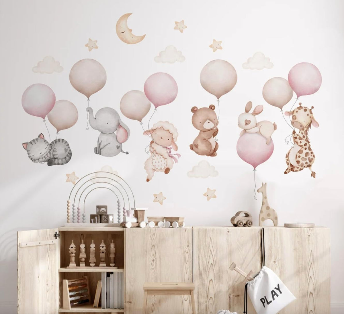 Pink Balloons with Baby Animals Wall Decal - Cute Baby Animal Wall Sticker for Nursery - Pink Nursery Decor with Sheep Elephant Bear Cat Giraffe - Removable Kids Room Vinyl Art Mural (Blue, Set2)